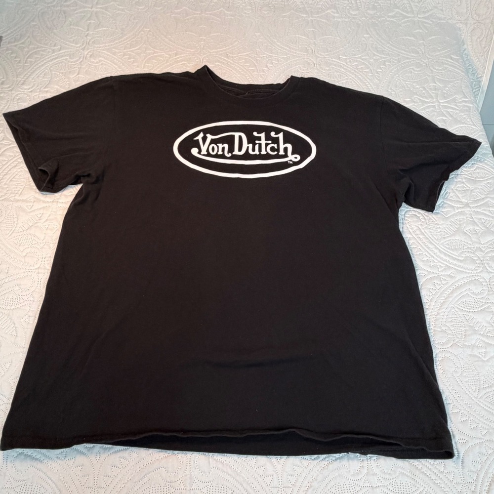 Von Dutch Mens XL Black Graphic T-Shirt Classic‎ White Oval Logo Y2K Cotton Tee